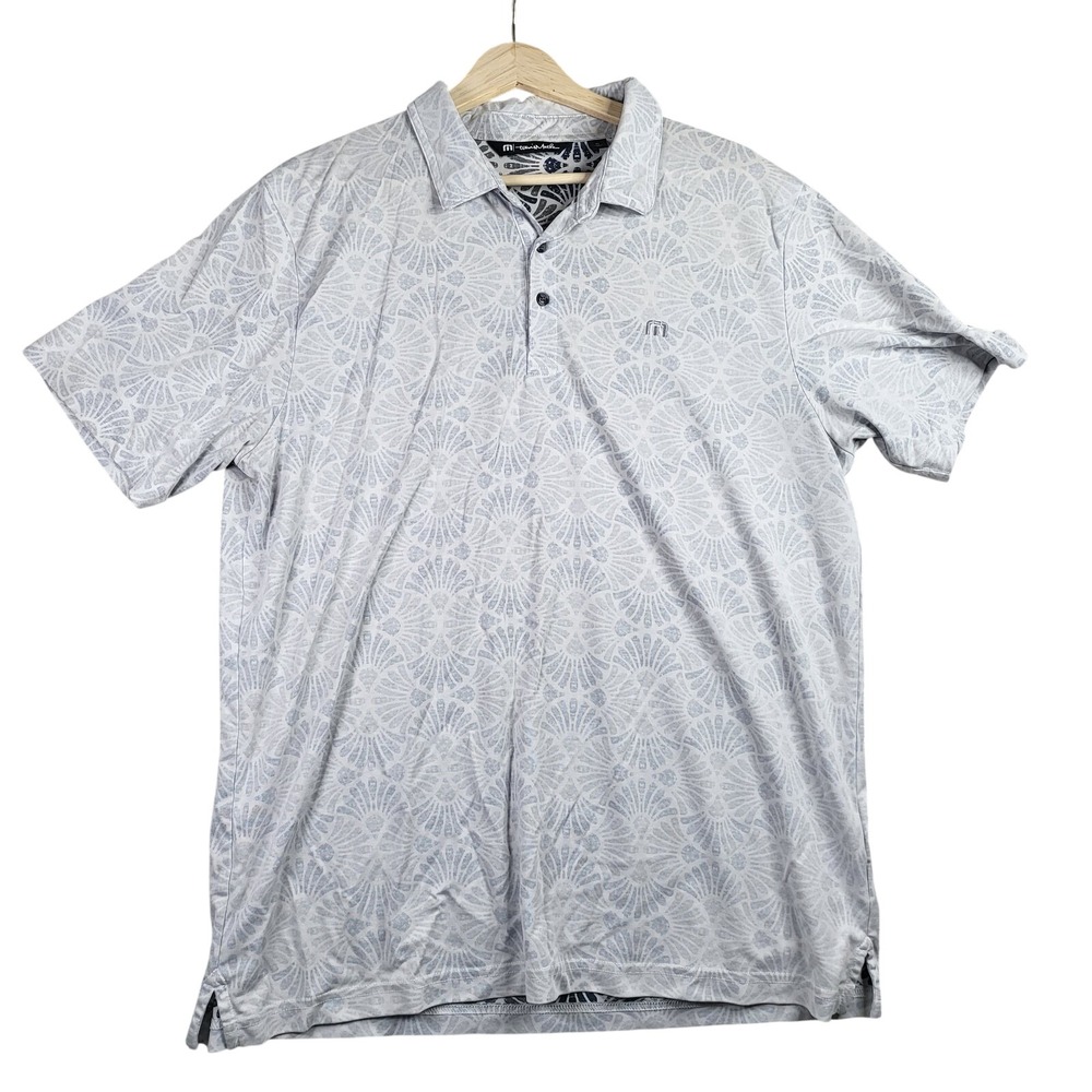 Travis Mathew Polo Shirt Men XL Grey Blue Fan Print Texas Golf Short Sleeve Logo